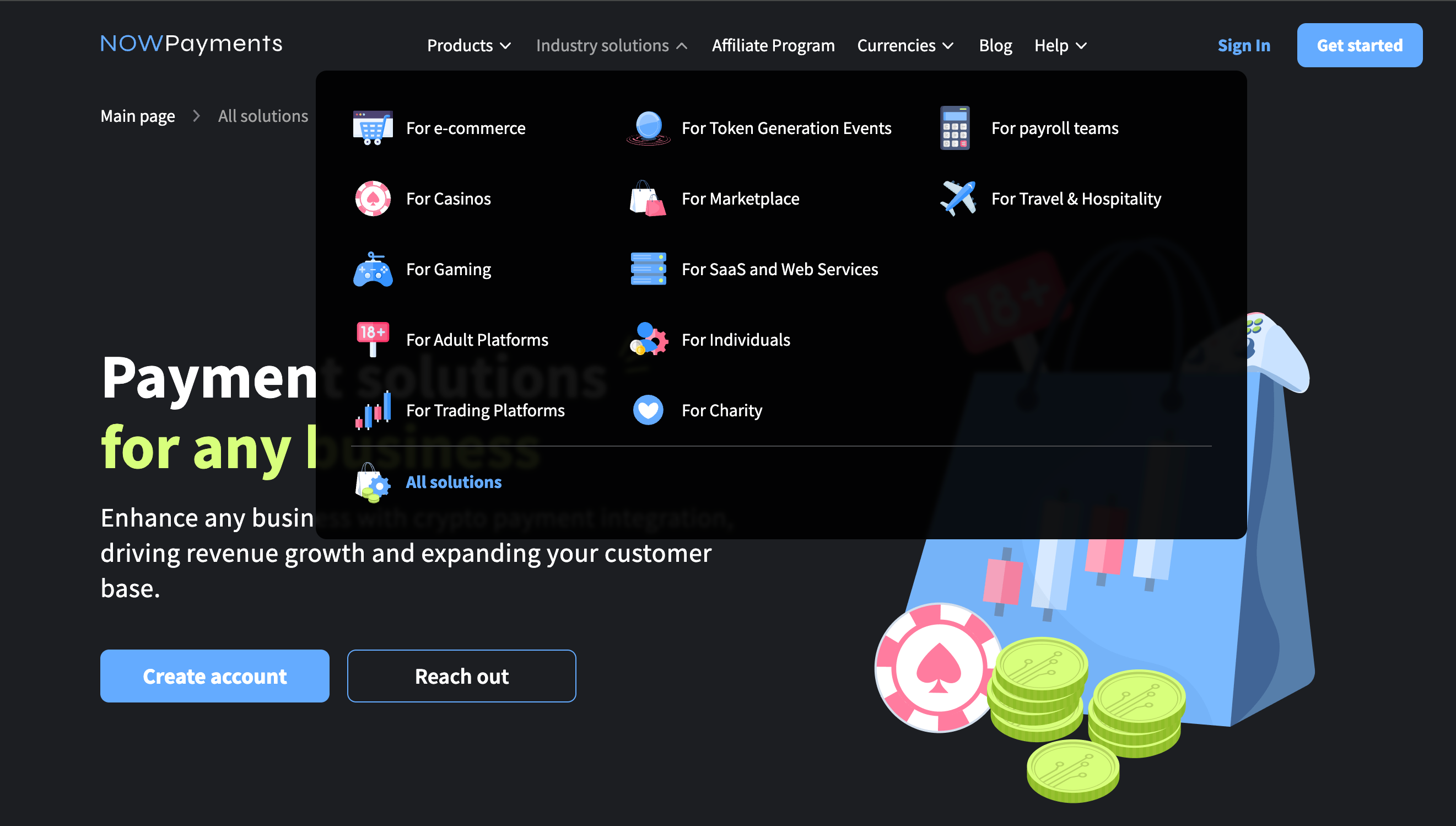 This image shows the variety of products at NOW Payments.
