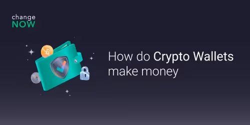 Graphic illustrating the concept of how crypto wallets make money. The image features a teal wallet with a shield icon, Bitcoin and Ethereum coins, and a lock symbol.
